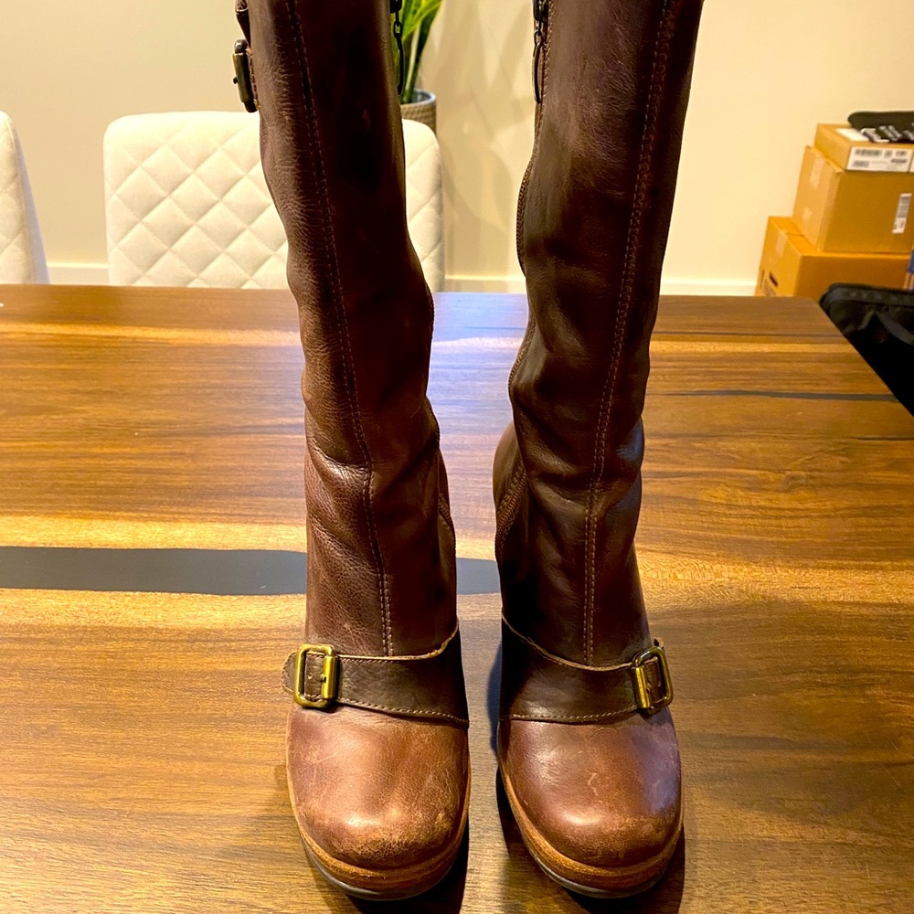 Leather wedges mid-calf boots